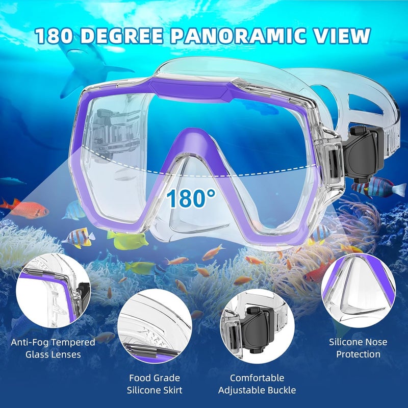 Honlanor Snorkel Set Adults Snorkeling Gear Anti-Leak and Anti-Fog Tempered Glass Lens Panoramic View Swim Mask Dry Top Snorkel Kit for Snorkeling Scuba Diving Swimming Travel with Carry Bag - Image 4